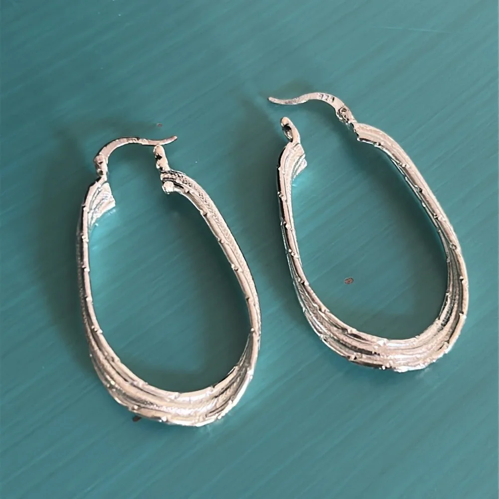 New Pair Sterling Silver Etched Abstract Oblong Hoop Earrings